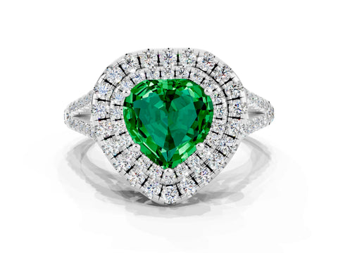White gold Heart Cut Emerald Double Halo Ring with Pavé Band and Prong Setting_12