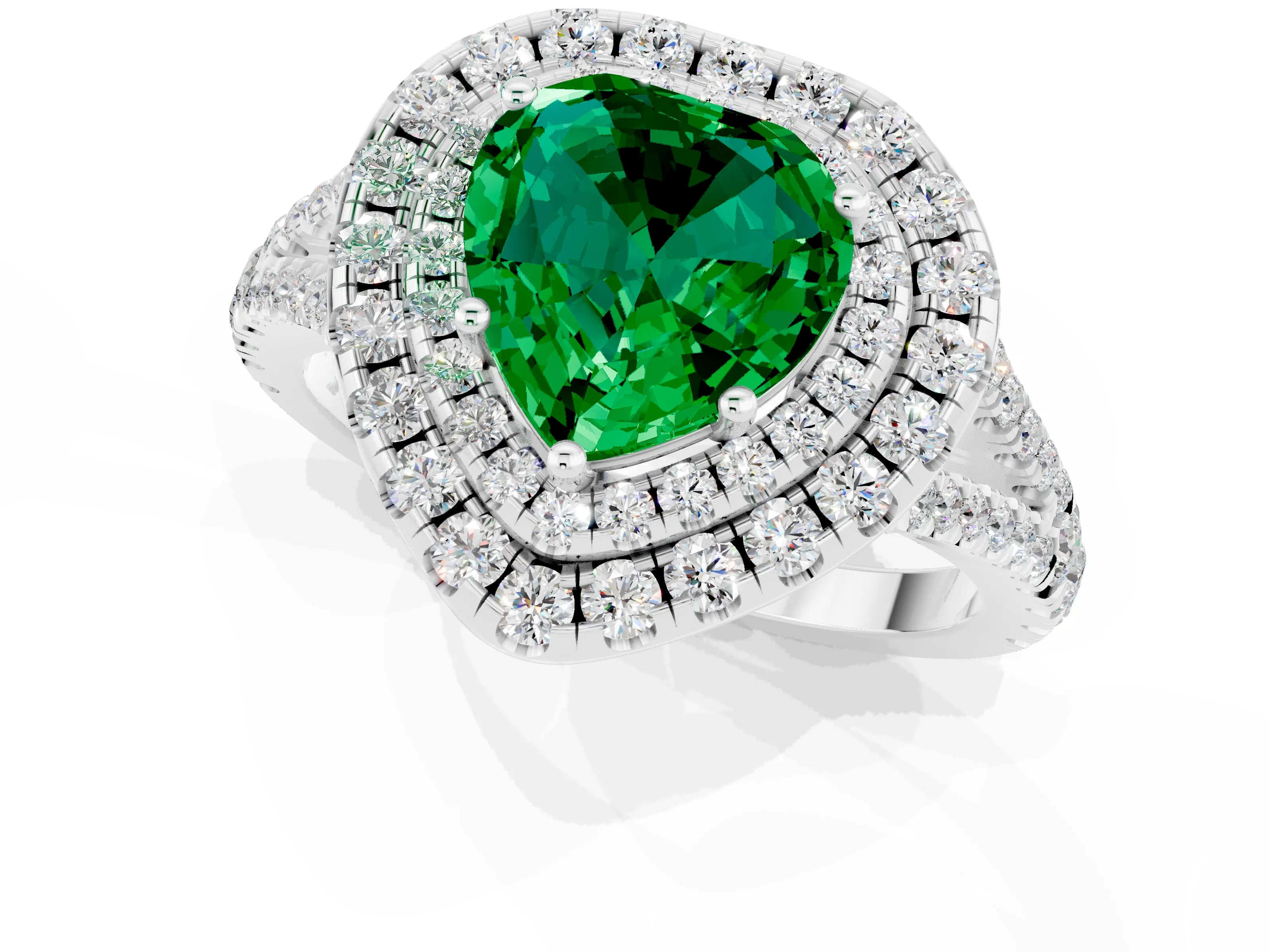 White gold Heart Cut Emerald Double Halo Ring with Pavé Band and Prong Setting_13
