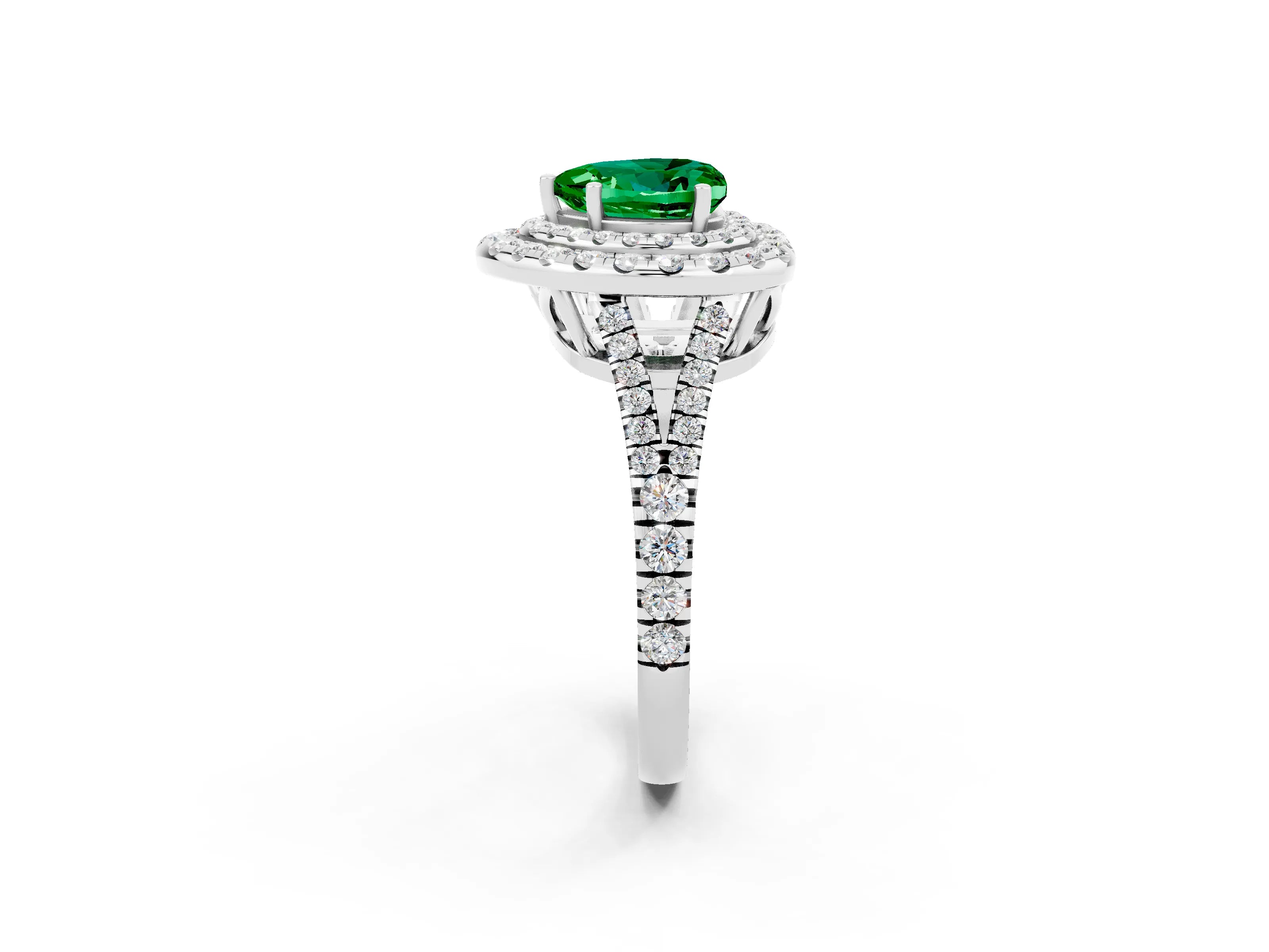 White gold Heart Cut Emerald Double Halo Ring with Pavé Band and Prong Setting_14