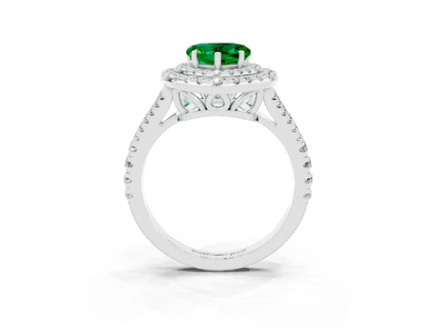 White gold Heart Cut Emerald Double Halo Ring with Pavé Band and Prong Setting_15