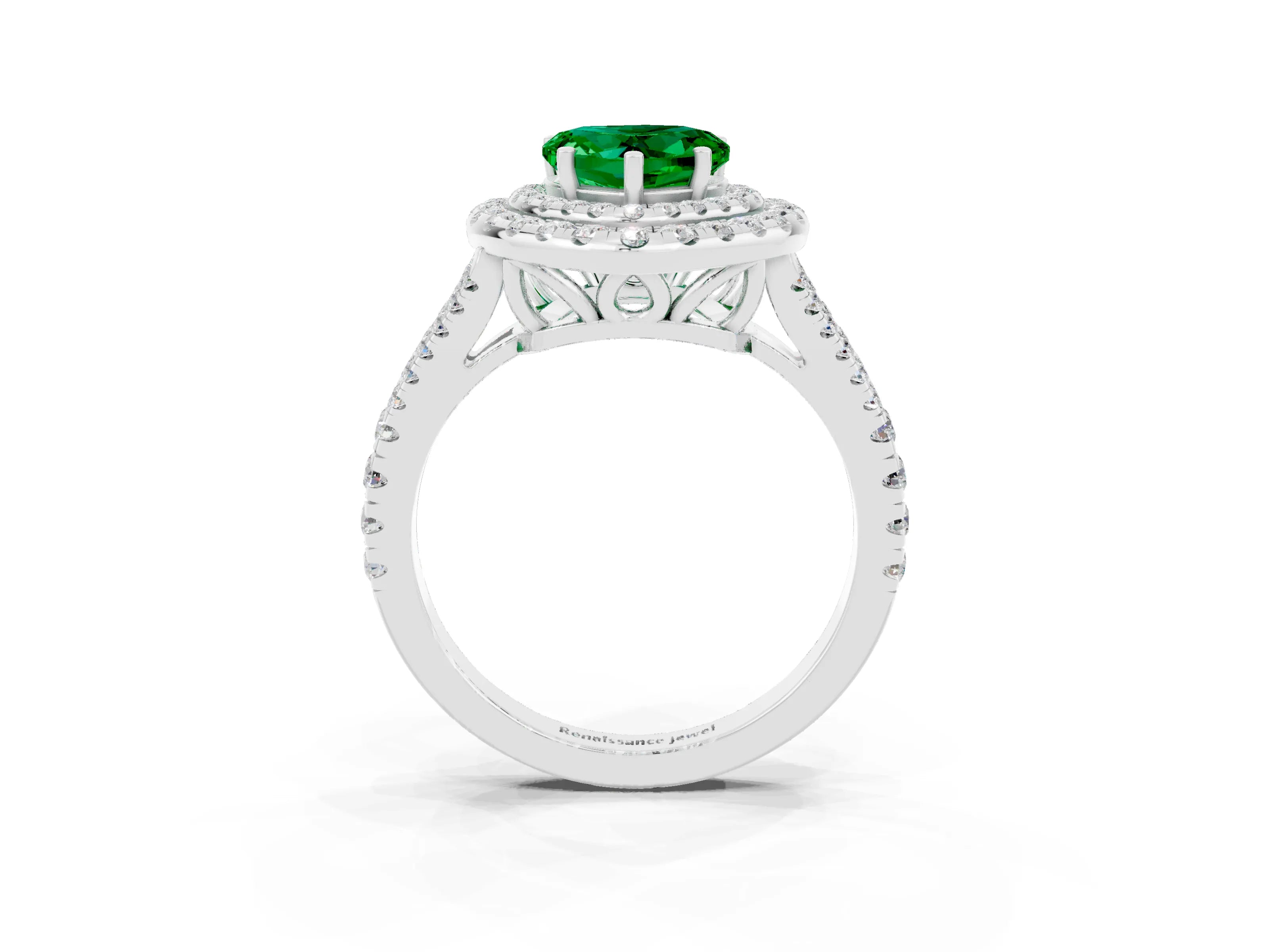 White gold Heart Cut Emerald Double Halo Ring with Pavé Band and Prong Setting_15