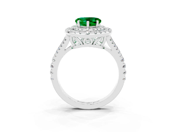 White gold Heart Cut Emerald Double Halo Ring with Pavé Band and Prong Setting