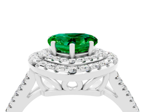 White gold Heart Cut Emerald Double Halo Ring with Pavé Band and Prong Setting_16