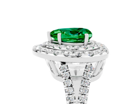 White gold Heart Cut Emerald Double Halo Ring with Pavé Band and Prong Setting_17