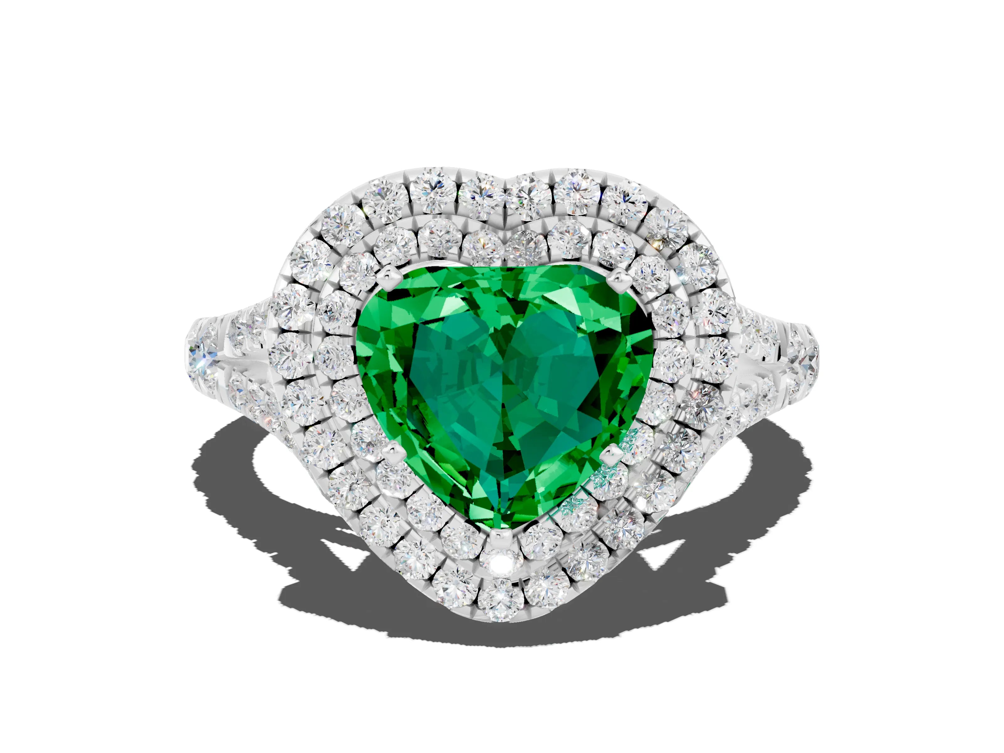 White gold Heart Cut Emerald Double Halo Ring with Split Shank and Prong Setting_12