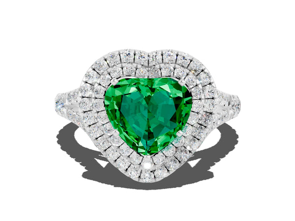 Silver Heart Cut Emerald Double Halo Ring with Split Shank and Prong Setting