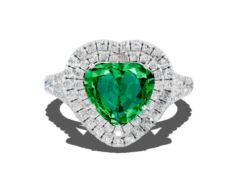 White gold Heart Cut Emerald Double Halo Ring with Split Shank and Prong Setting_12