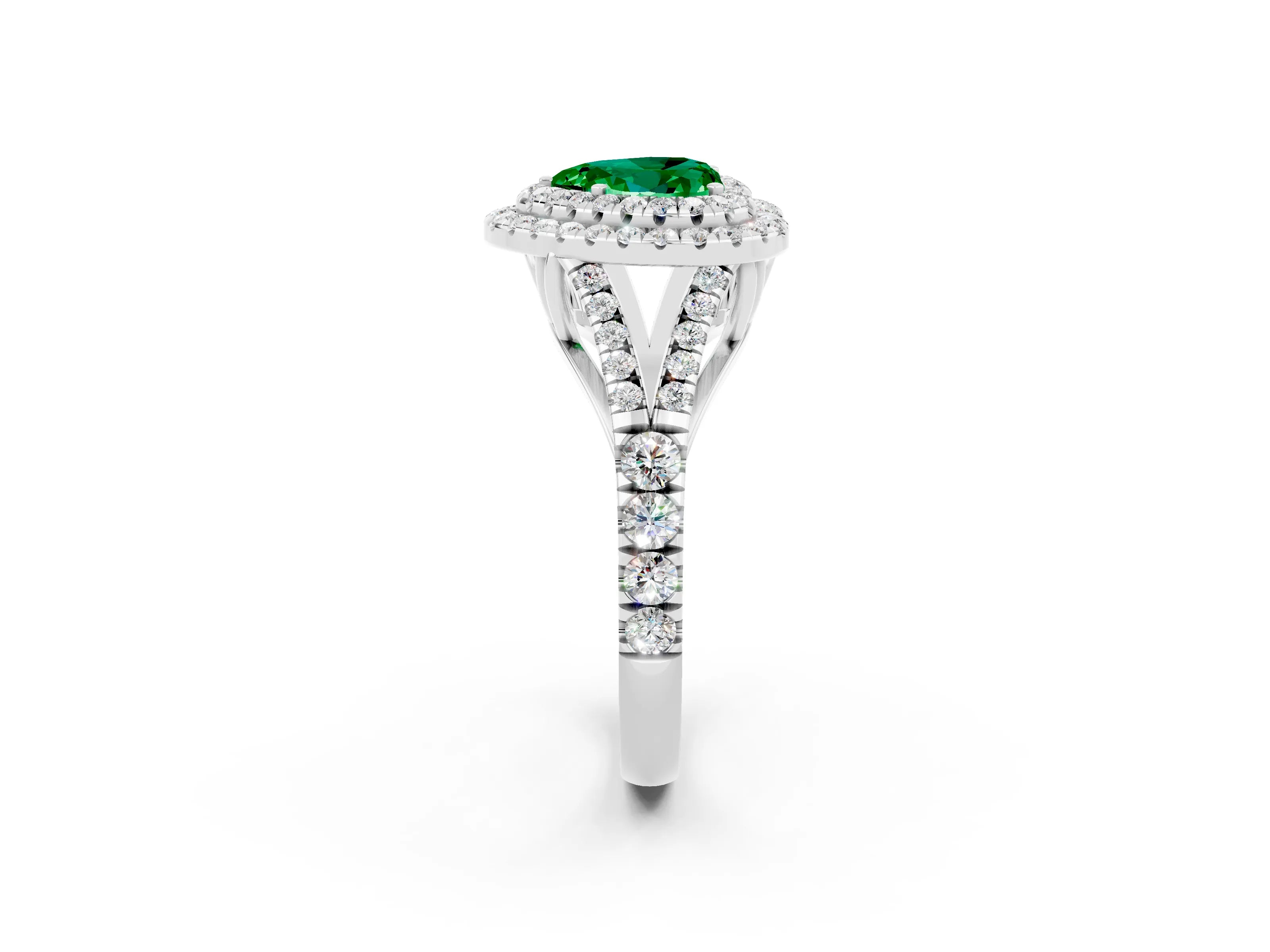 White gold Heart Cut Emerald Double Halo Ring with Split Shank and Prong Setting_14