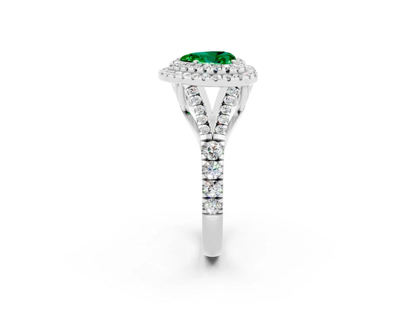 Platinum Heart Cut Emerald Double Halo Ring with Split Shank and Prong Setting