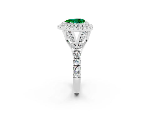 White gold Heart Cut Emerald Double Halo Ring with Split Shank and Prong Setting_14