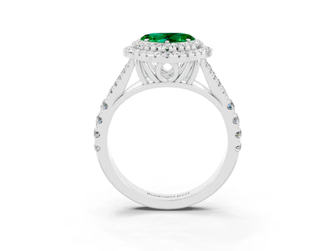 White gold Heart Cut Emerald Double Halo Ring with Split Shank and Prong Setting_27