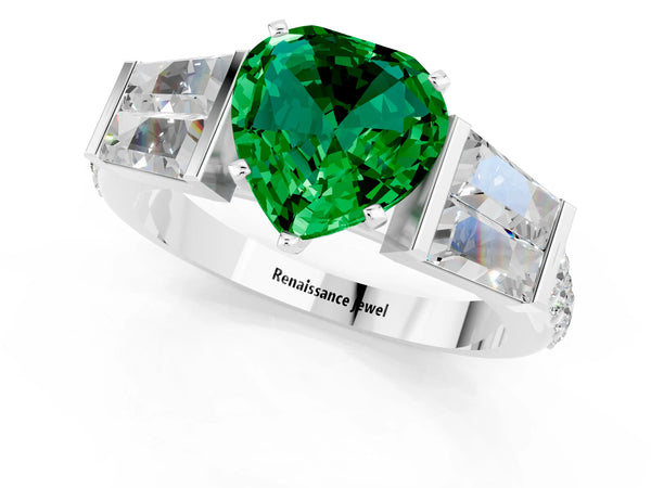 Platinum Heart Cut Emerald Engagement Ring with Baguette Side Stones and Channel Set Band