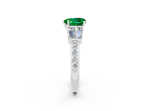 Platinum Heart Cut Emerald Engagement Ring with Baguette Side Stones and Channel Set Band
