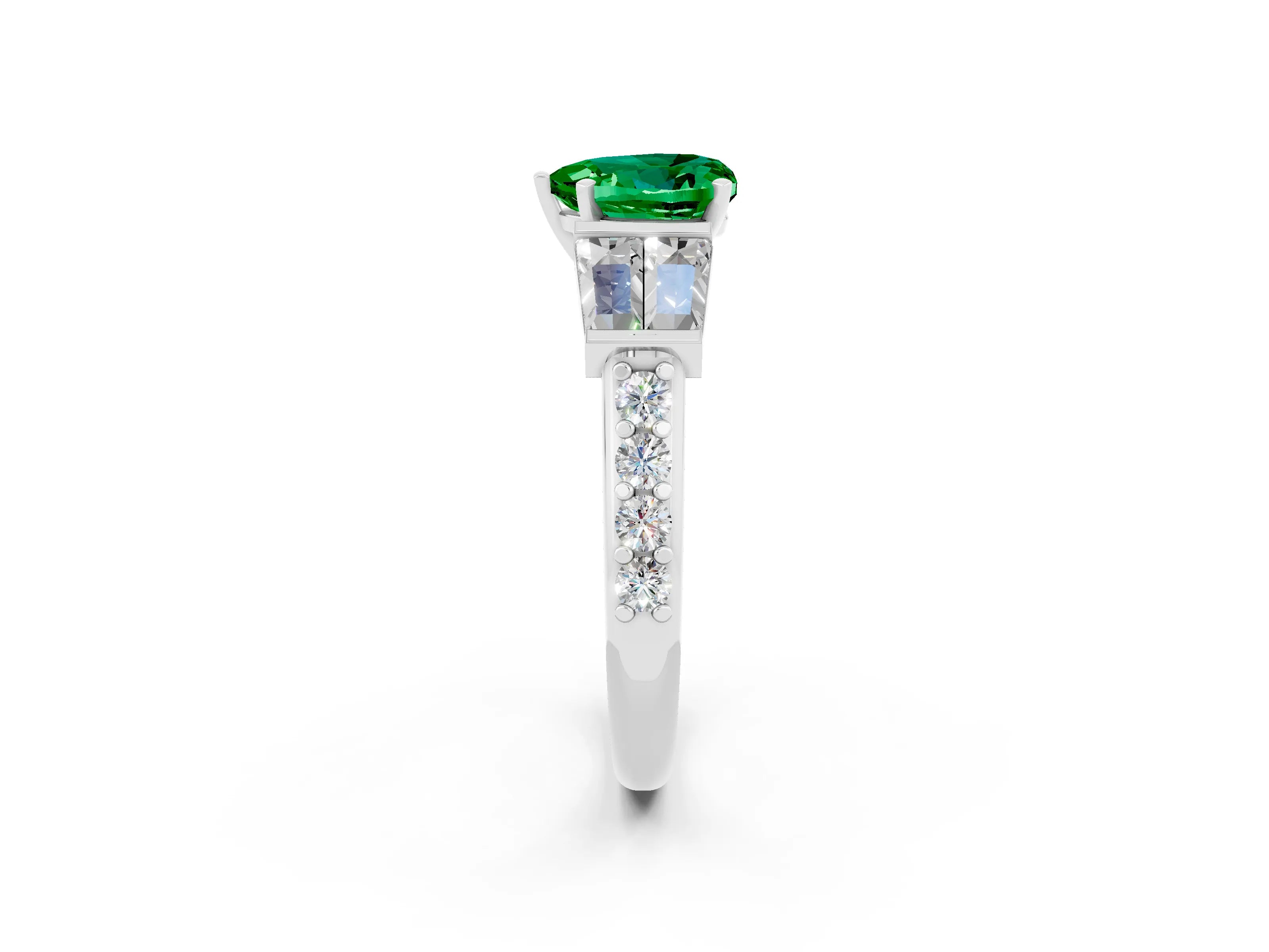 White gold Heart Cut Emerald Engagement Ring with Baguette Side Stones and Channel Set Band_2