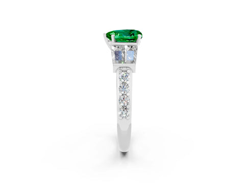 White gold Heart Cut Emerald Engagement Ring with Baguette Side Stones and Channel Set Band_2