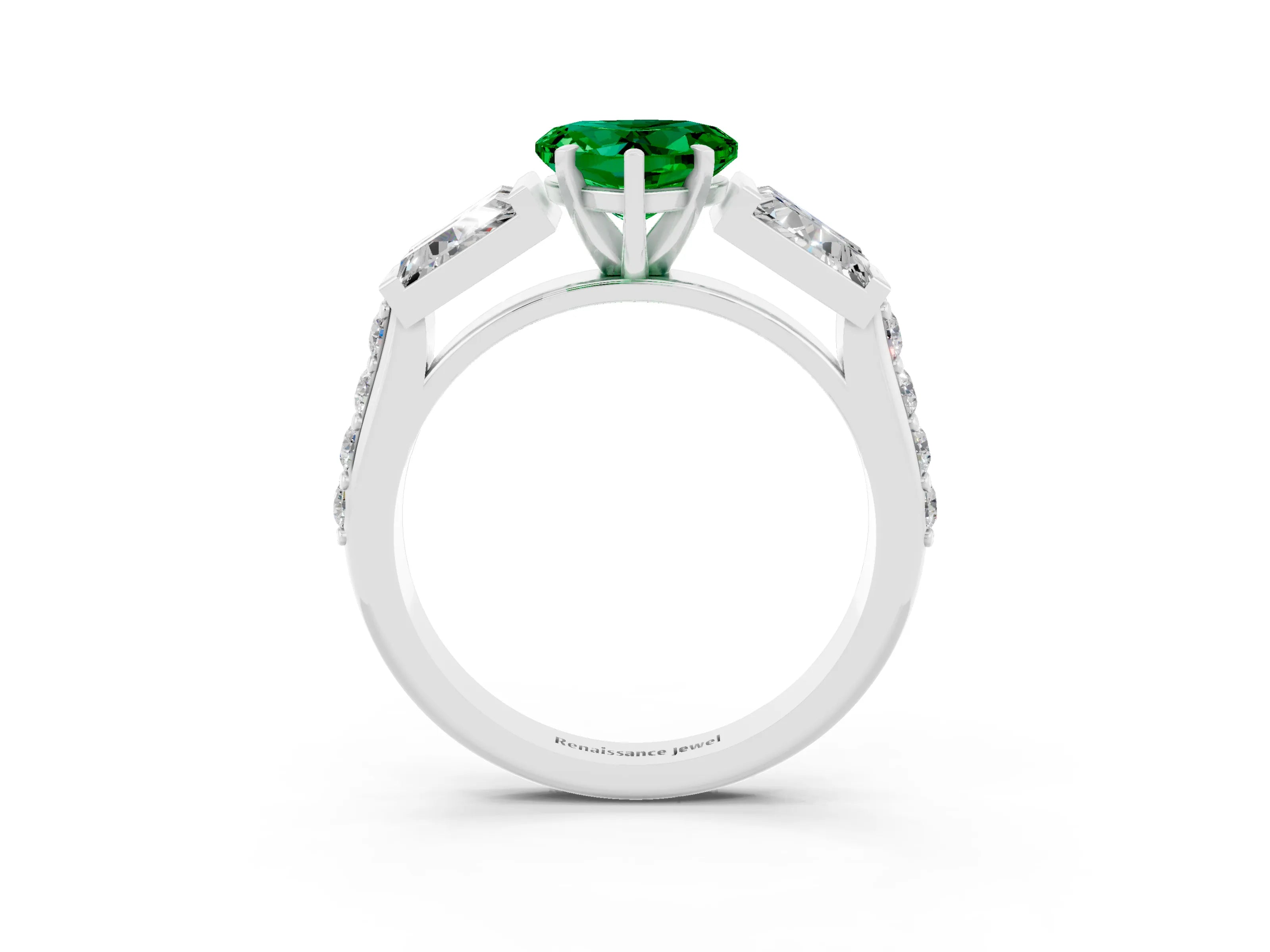 White gold Heart Cut Emerald Engagement Ring with Baguette Side Stones and Channel Set Band_3