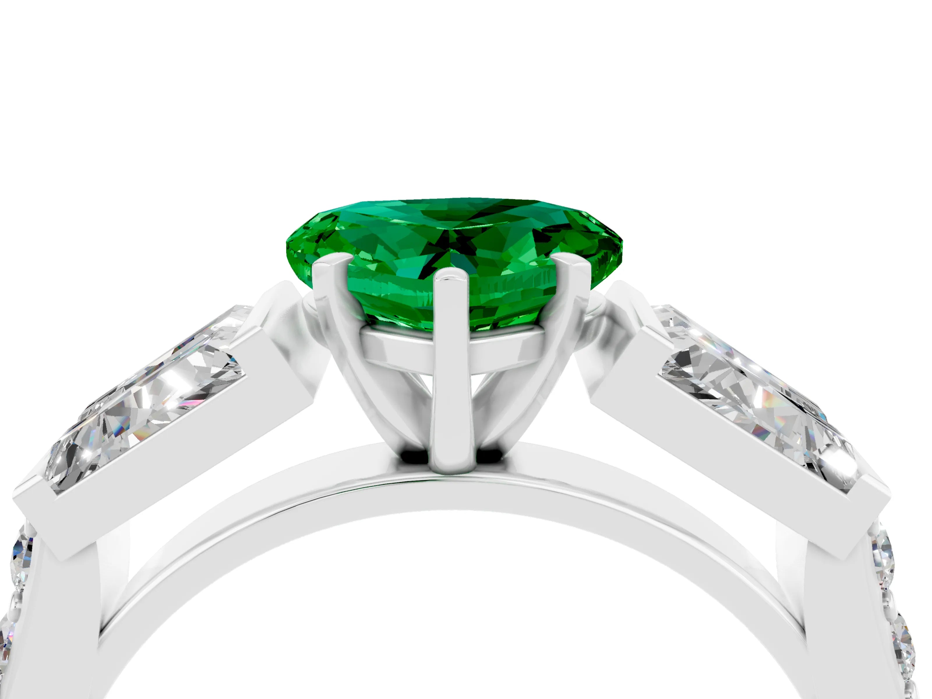 White gold Heart Cut Emerald Engagement Ring with Baguette Side Stones and Channel Set Band_4