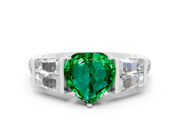 Silver Heart Cut Emerald Engagement Ring with Baguette Side Stones and Channel Set Band