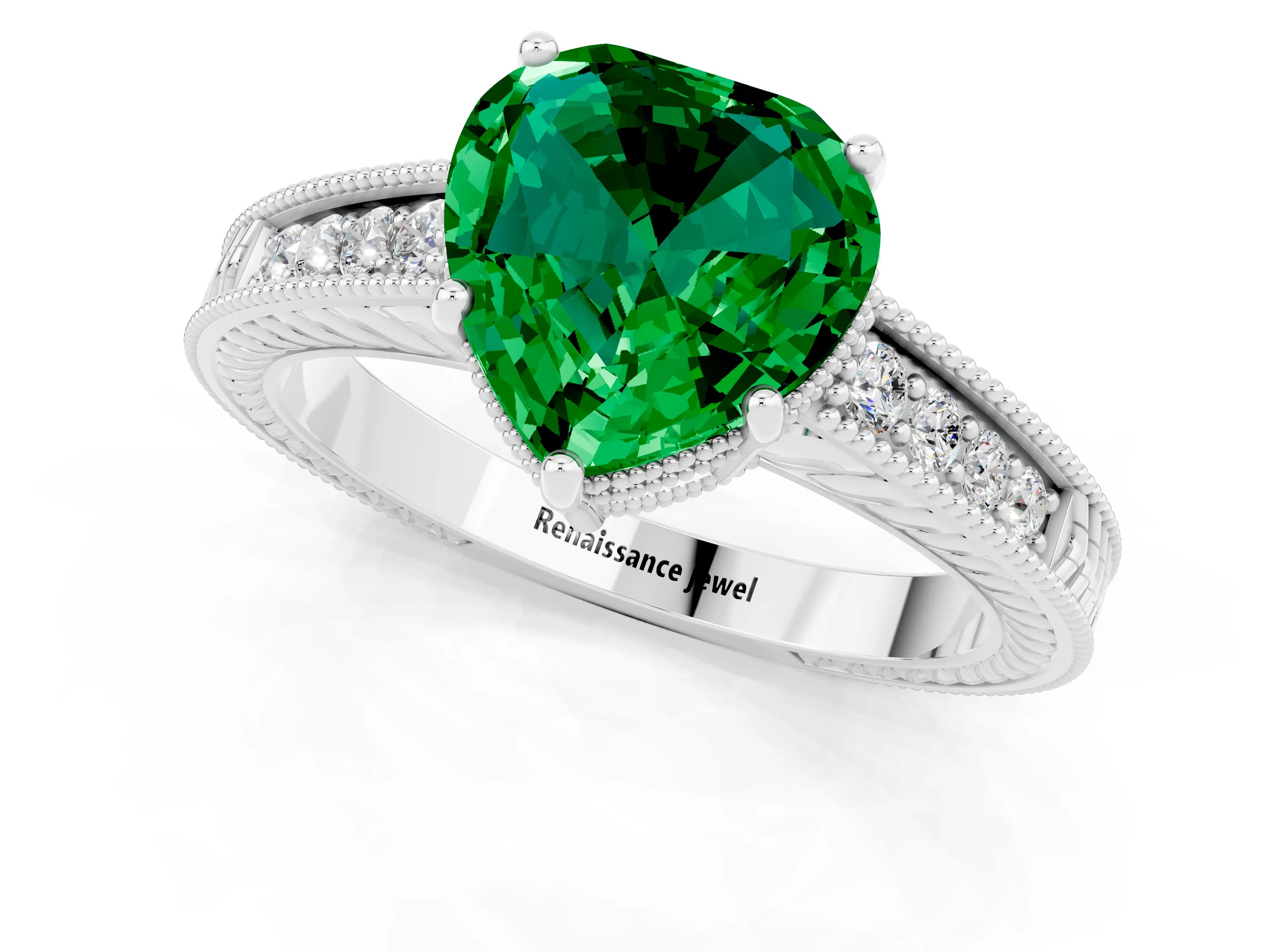 White gold Heart Cut Emerald Engagement Ring with Milgrain Channel Set Band and Prong Setting_1