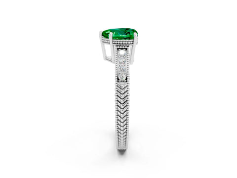 White gold Heart Cut Emerald Engagement Ring with Milgrain Channel Set Band and Prong Setting_2