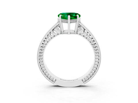 White gold Heart Cut Emerald Engagement Ring with Milgrain Channel Set Band and Prong Setting_3