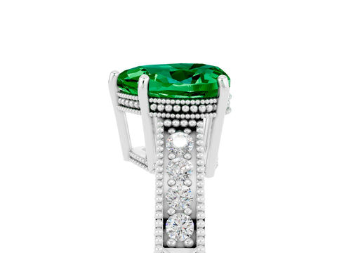 White gold Heart Cut Emerald Engagement Ring with Milgrain Channel Set Band and Prong Setting_5