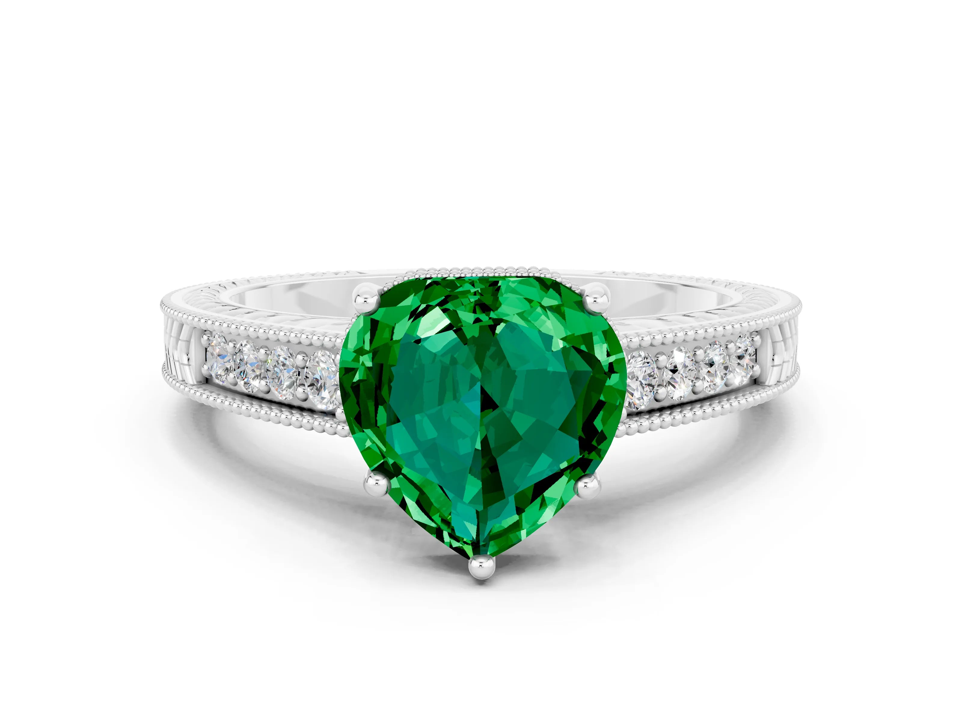 White gold Heart Cut Emerald Engagement Ring with Milgrain Channel Set Band and Prong Setting