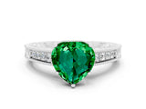 White gold Heart Cut Emerald Engagement Ring with Milgrain Channel Set Band and Prong Setting