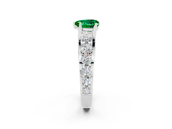 Platinum Heart Cut Emerald Engagement Ring with Pavé Band and Four-Prong Setting