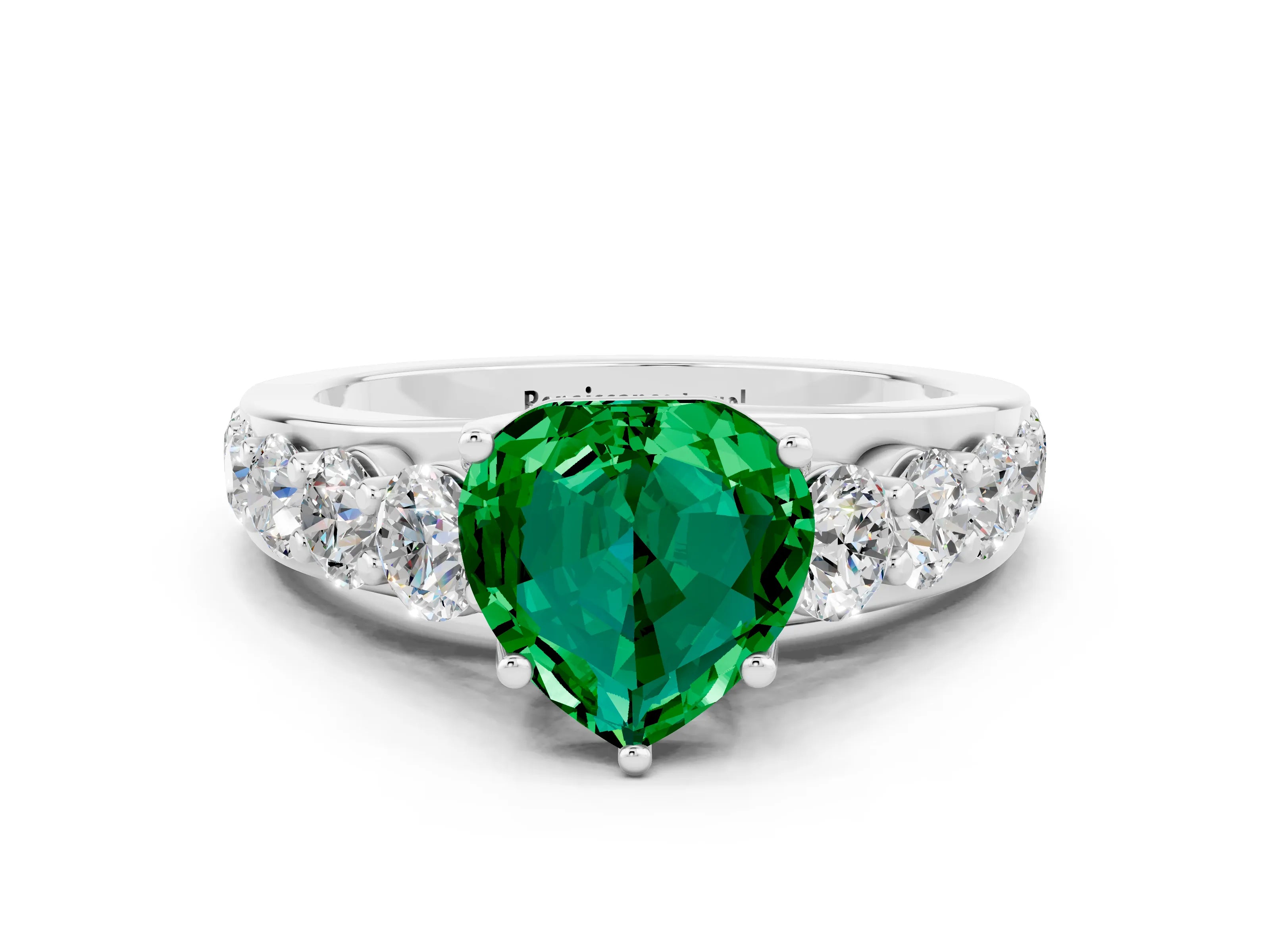 White gold Heart Cut Emerald Engagement Ring with Pavé Band and Four-Prong Setting