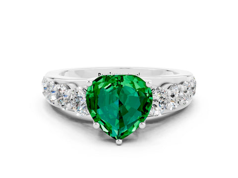 White gold Heart Cut Emerald Engagement Ring with Pavé Band and Four-Prong Setting