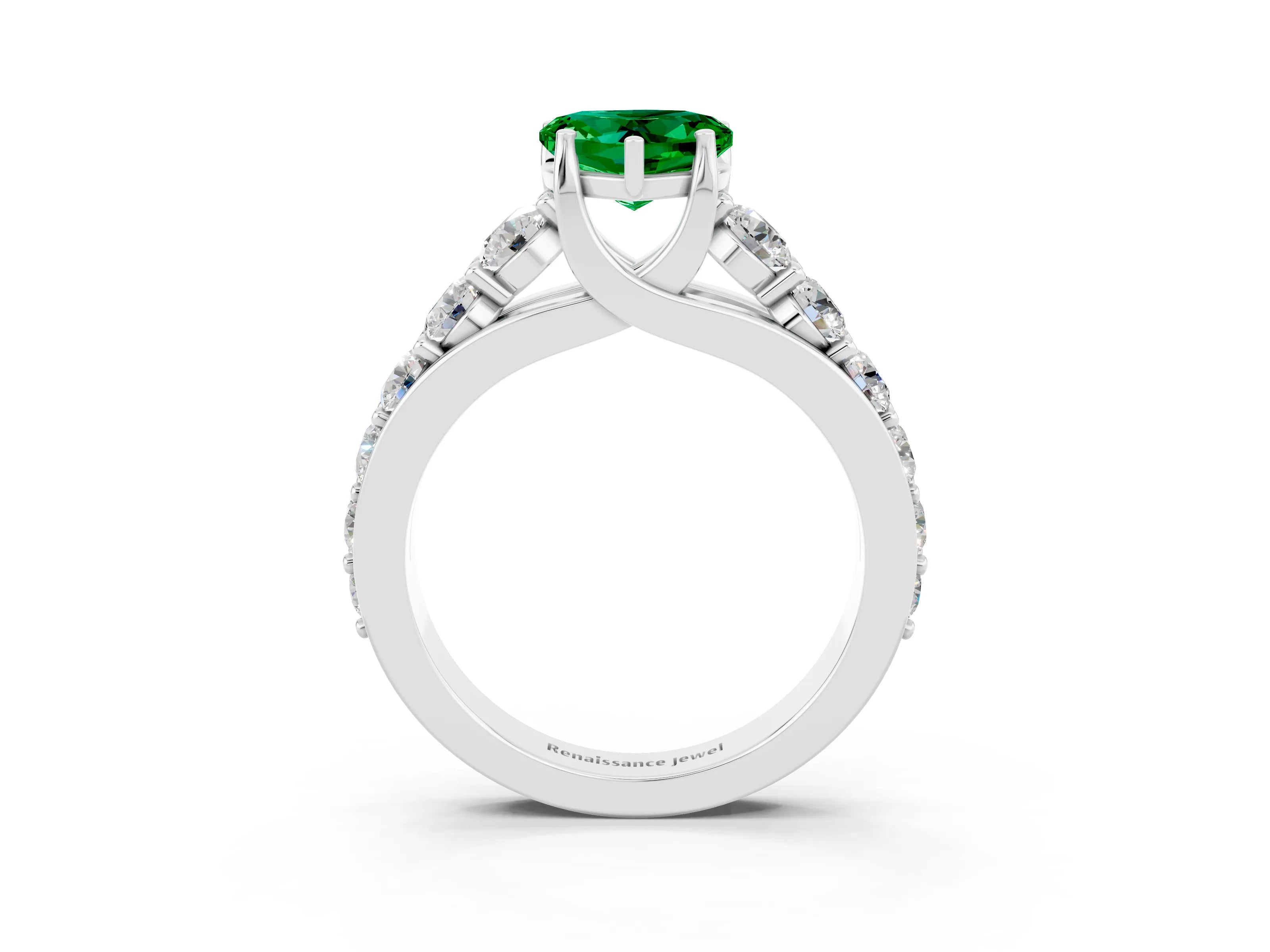 White gold Heart Cut Emerald Engagement Ring with Pavé Band and Four-Prong Setting_3