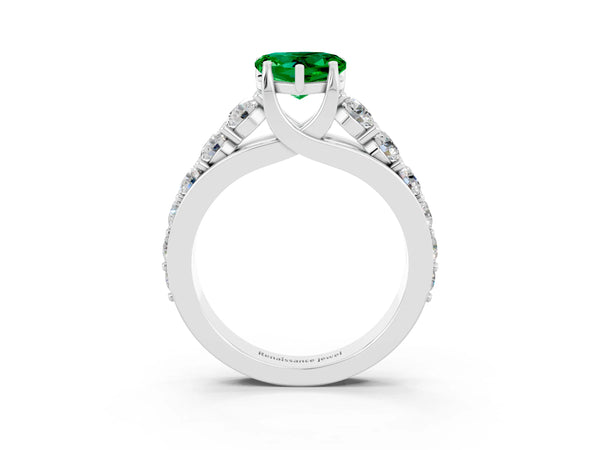 Silver Heart Cut Emerald Engagement Ring with Pavé Band and Four-Prong Setting