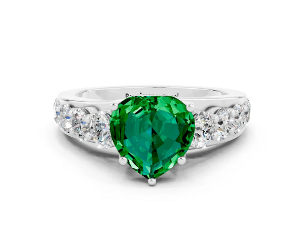 Silver Heart Cut Emerald Engagement Ring with Pavé Band and Four-Prong Setting