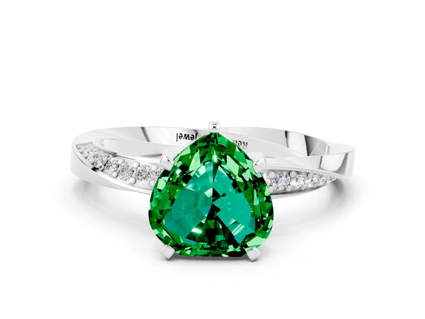 White gold Heart Cut Emerald Engagement Ring with Side Stone Accents and Four-Prong Setting