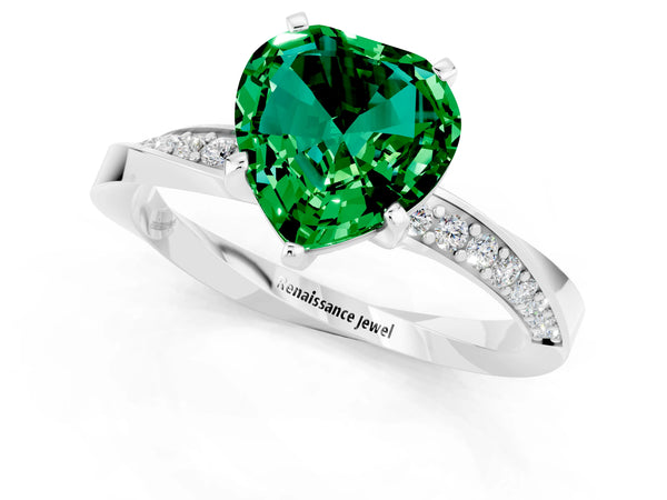White gold Heart Cut Emerald Engagement Ring with Side Stone Accents and Four-Prong Setting