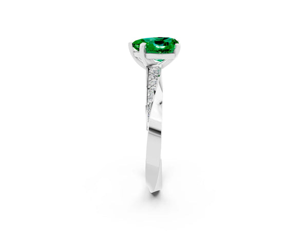 White gold Heart Cut Emerald Engagement Ring with Side Stone Accents and Four-Prong Setting