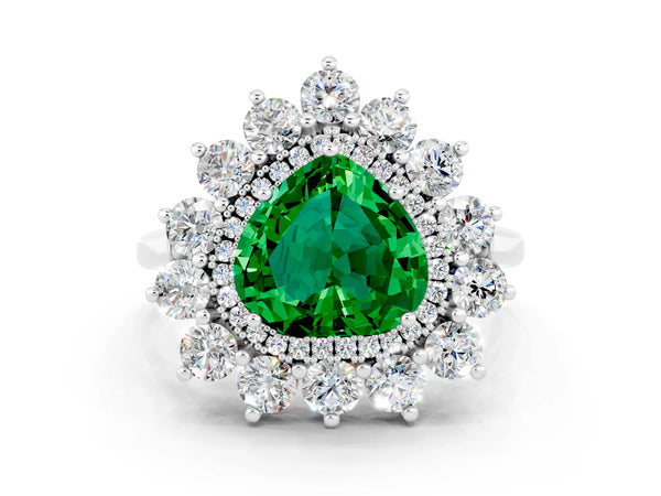 White gold Heart Cut Emerald Floral Double Halo Engagement Ring with Prong Setting