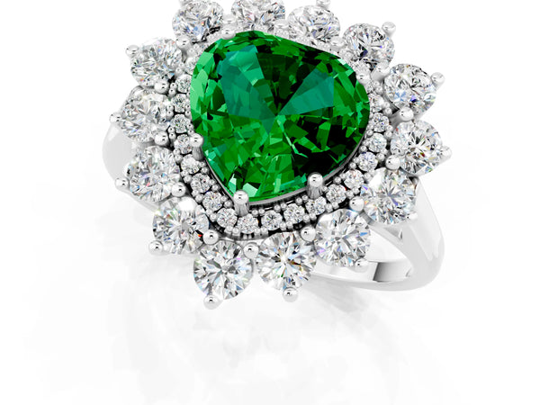 White gold Heart Cut Emerald Floral Double Halo Engagement Ring with Prong Setting