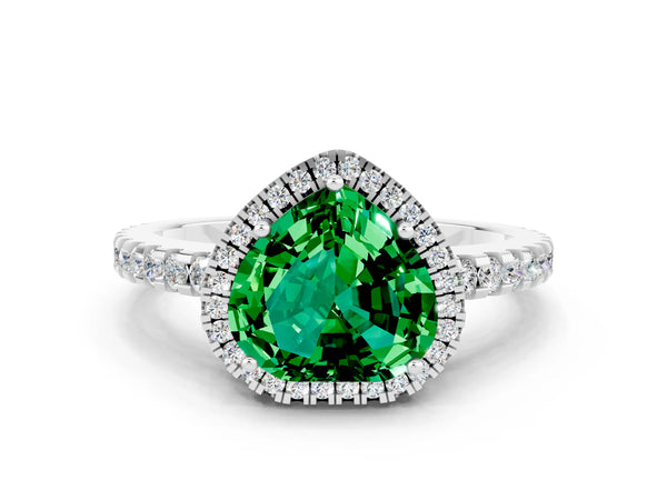 Platinum Heart Cut Emerald Halo Engagement Ring with Pavé Band and Prong Setting