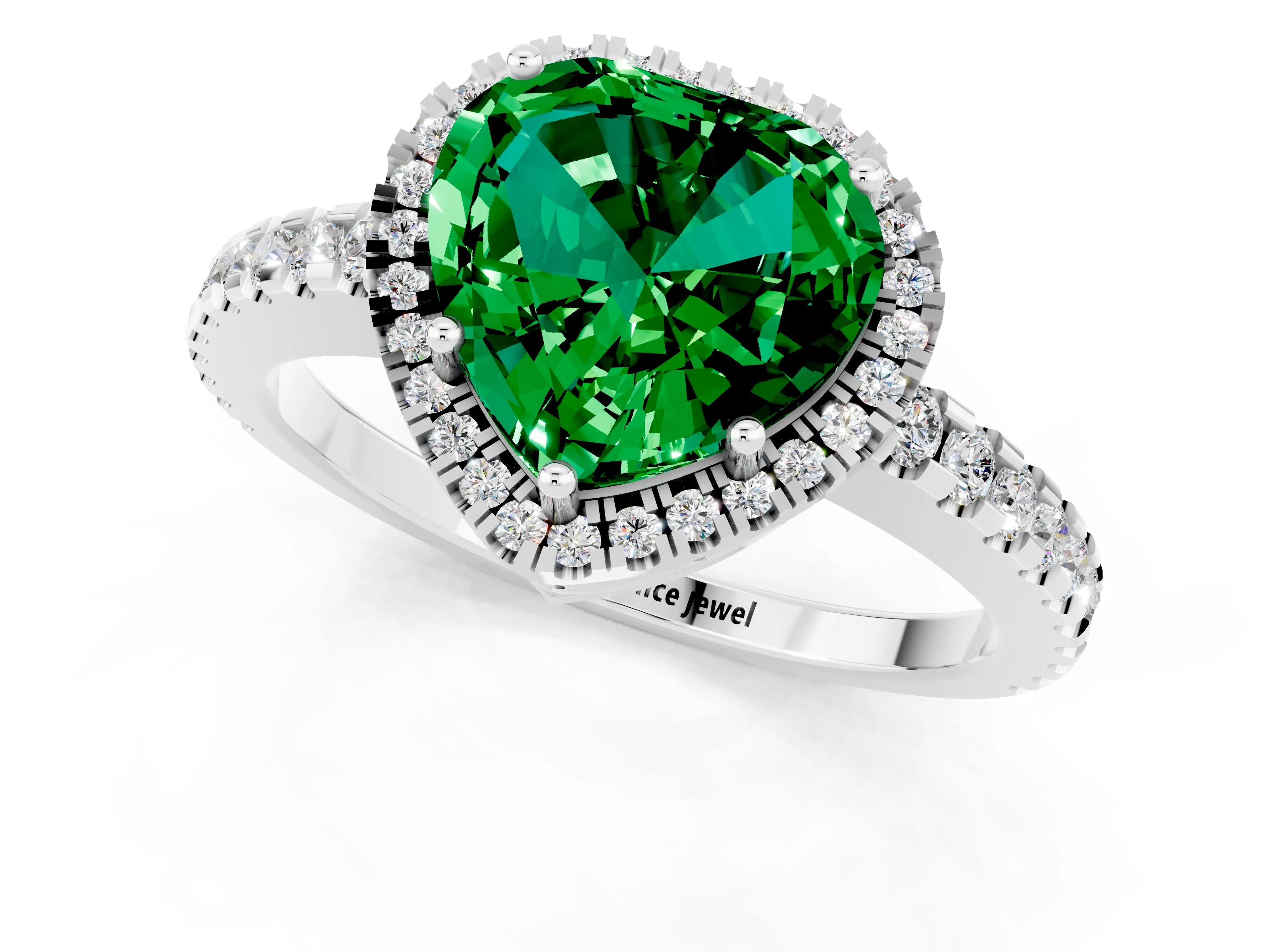White gold Heart Cut Emerald Halo Engagement Ring with Pavé Band and Prong Setting_13