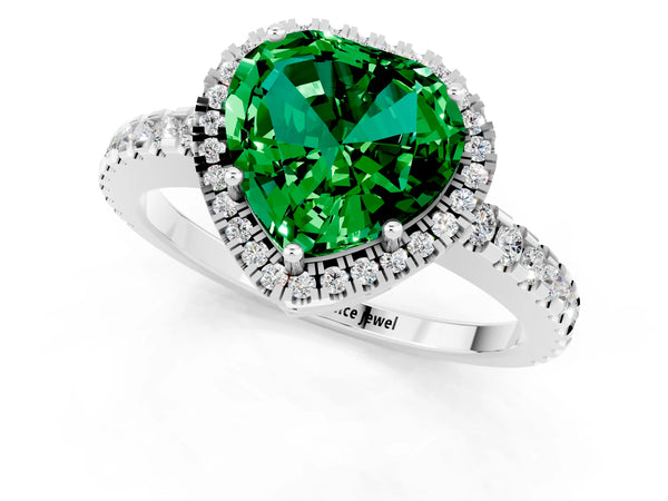 Silver Heart Cut Emerald Halo Engagement Ring with Pavé Band and Prong Setting