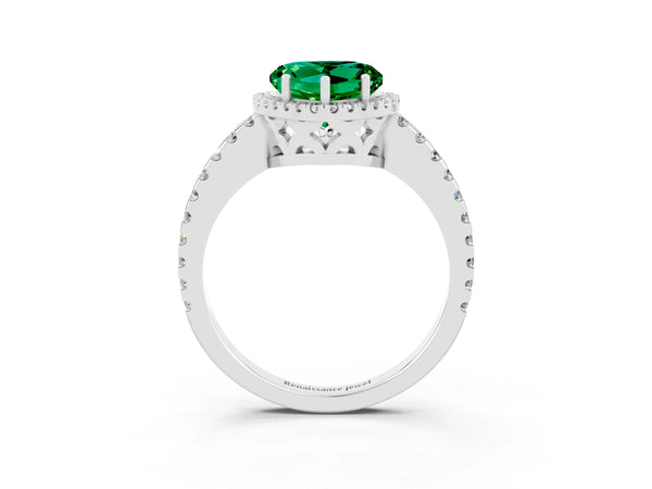 White gold Heart Cut Emerald Halo Engagement Ring with Pavé Band and Prong Setting