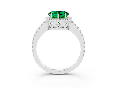 White gold Heart Cut Emerald Halo Engagement Ring with Pavé Band and Prong Setting_15
