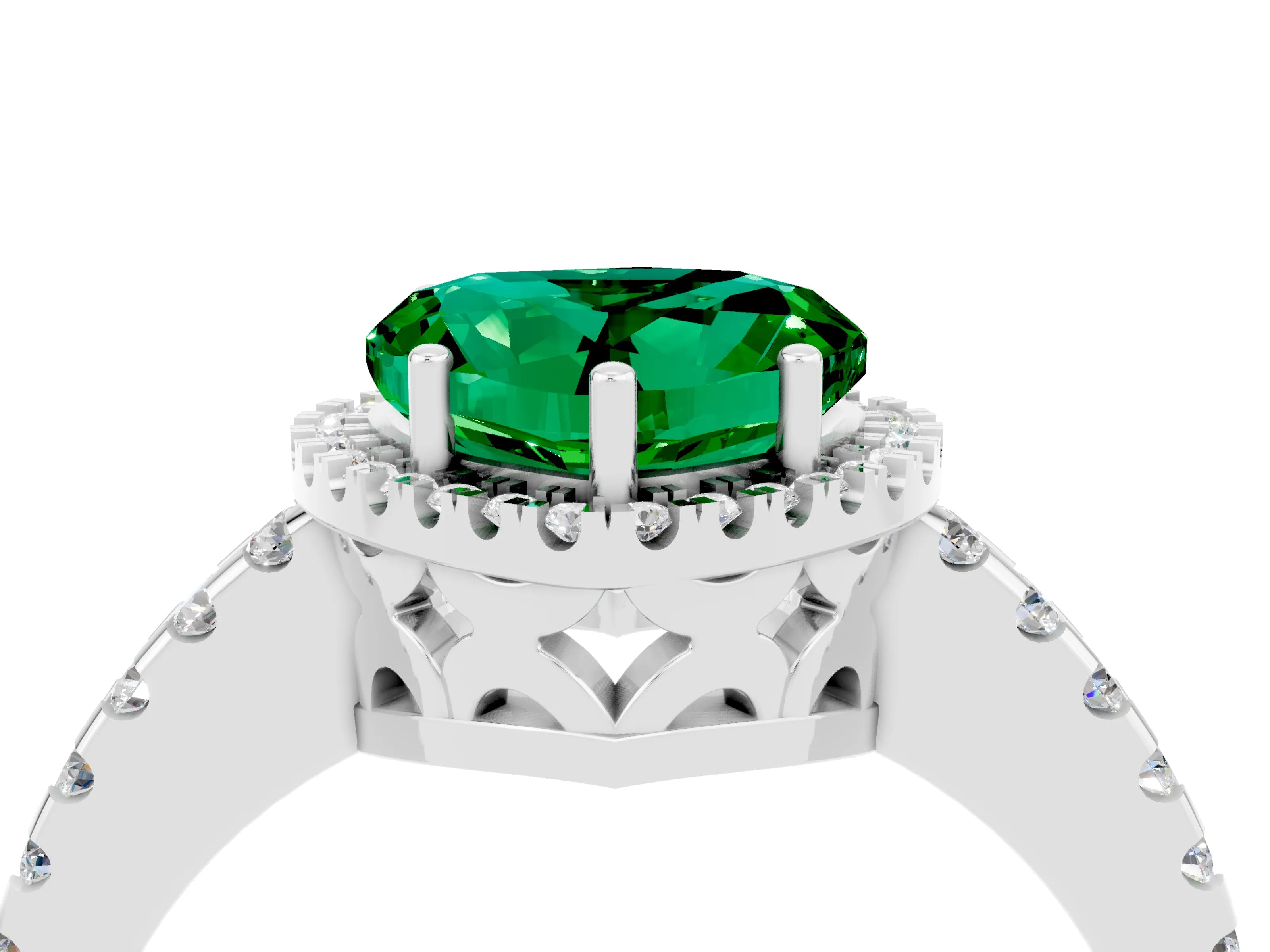 White gold Heart Cut Emerald Halo Engagement Ring with Pavé Band and Prong Setting_16