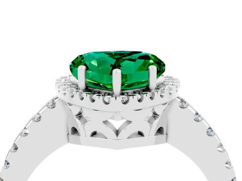White gold Heart Cut Emerald Halo Engagement Ring with Pavé Band and Prong Setting_16