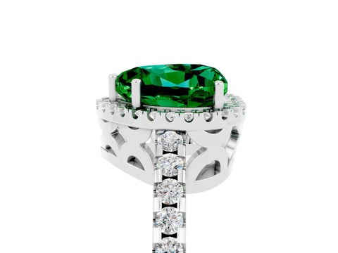 White gold Heart Cut Emerald Halo Engagement Ring with Pavé Band and Prong Setting_17