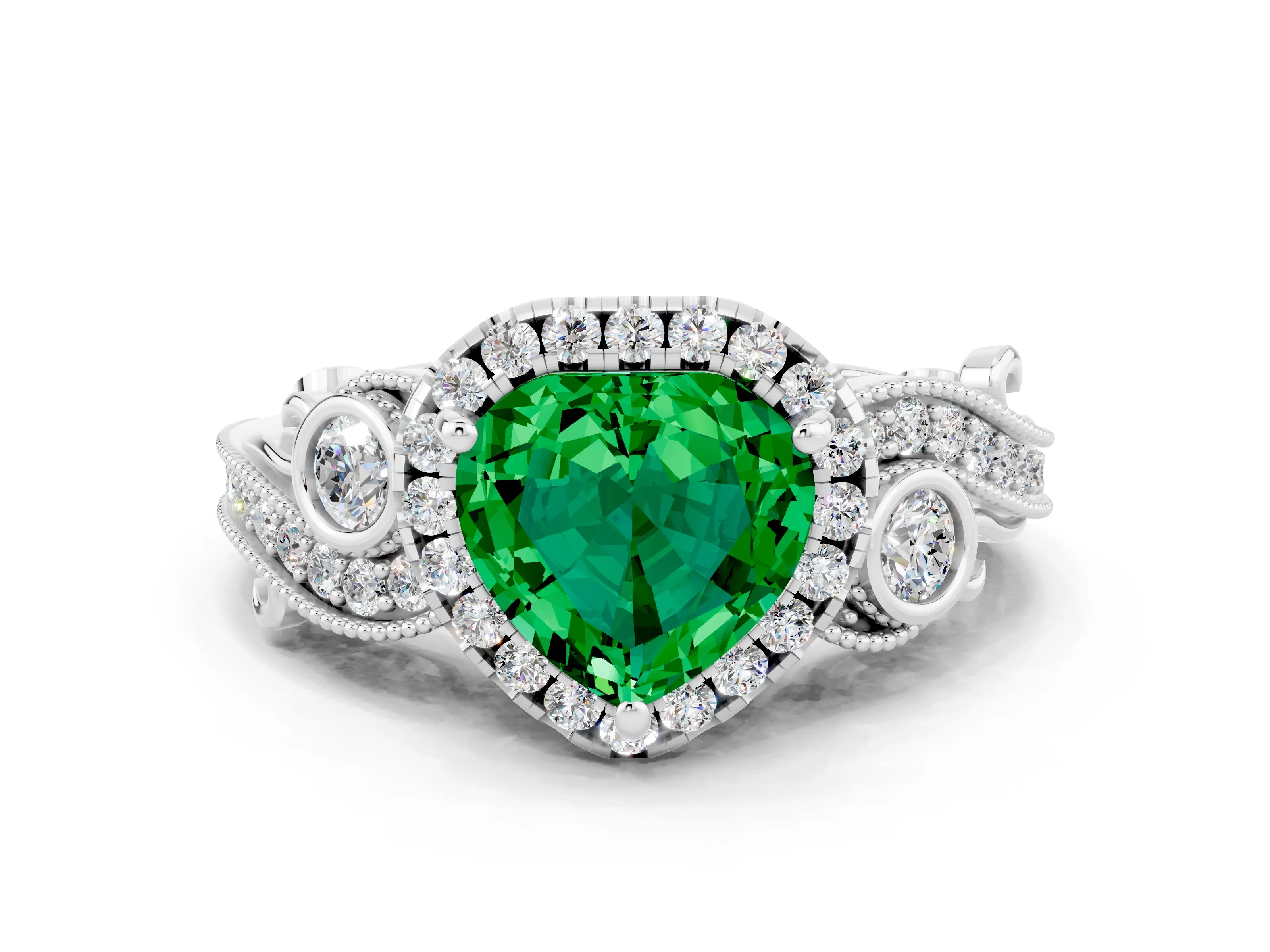 White gold Heart Cut Emerald Halo Ring with Milgrain Pavé Band and Four-Prong Setting_12