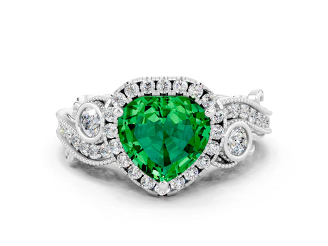 White gold Heart Cut Emerald Halo Ring with Milgrain Pavé Band and Four-Prong Setting_12