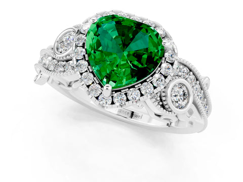 White gold Heart Cut Emerald Halo Ring with Milgrain Pavé Band and Four-Prong Setting_13